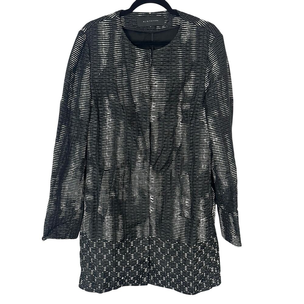 ELIE TAHARI Longline Jacket Topper Textured Black Ivory Buttons - Sz Large